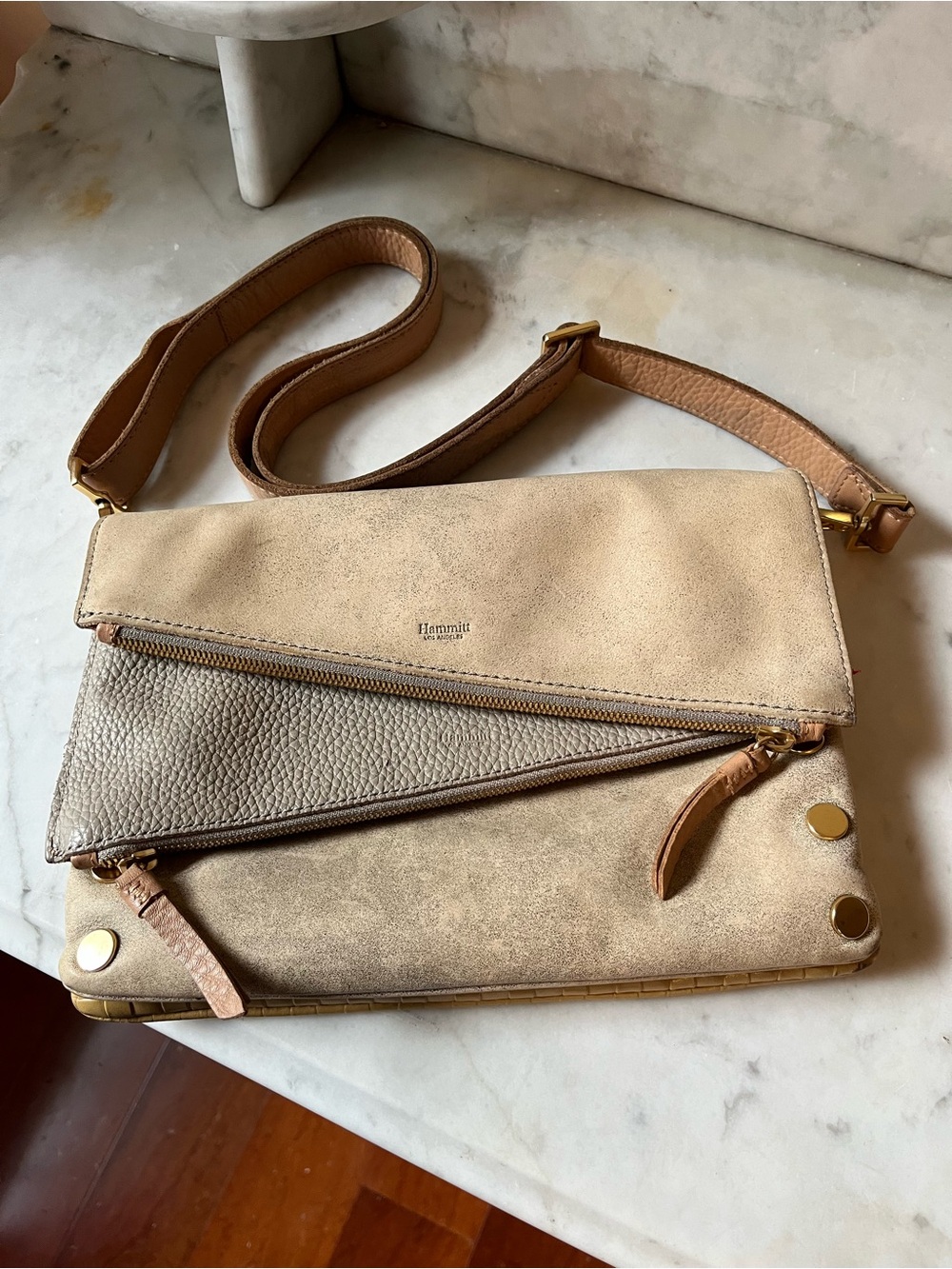 Hammitt Dillon Reversible Crossbody Bag Pewter/Tan/Gold - GUC